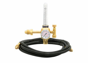 A brass Argon regulator with a pressure gauge, attached to a black hose coiled around it. This shielding gas flowmeter kit features a clear vertical tube and easy-to-use adjustment knobs.