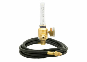 An Argon regulator with a flowmeter kit, attached to a coiled black hose and brass connector, is displayed against a white background—ideal for precise control of shielding gas flow.