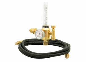 An Argon regulator with a pressure gauge, shielding gas flowmeter kit, and two black hoses coiled around it is displayed on a white background.