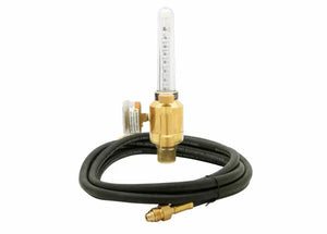A gas flowmeter kit featuring a clear vertical gauge, brass fittings, control knob, and a coiled black rubber hose—ideal as an argon regulator for precise shielding gas control and secure connectivity.