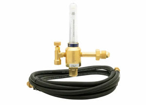 A brass Argon regulator with a flow meter attached, connected to a coiled black rubber hose with metal fittings on both ends, is displayed on a white background—perfect for shielding gas setups or as part of a complete flowmeter kit.
