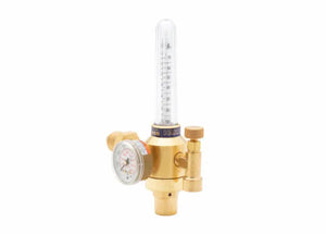 A brass Argon regulator with a pressure gauge and a vertical flowmeter tube featuring measurement markings, designed as part of a flowmeter kit for precise shielding gas control in industrial or laboratory settings.