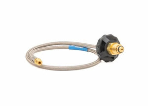 Harris 36" armored SS propane welding hose, stainless steel braid, 1/4" NPT brass fittings, plastic knob, WeldingMart tool.