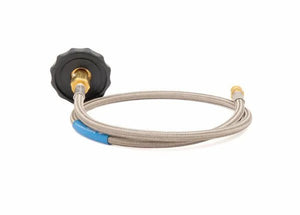 Harris 36" armored SS-lined welding hose, model 9005794, with 1/4" NPT(F) brass fittings and black knob, coiled on white.