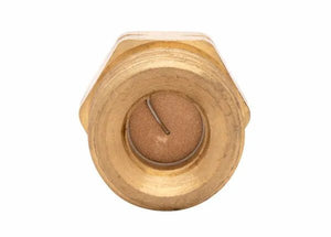 Harris 3/8" NPT LH Manifold Union Bushing 9005727 for welding equipment, with internal mesh filter, top view on white background.