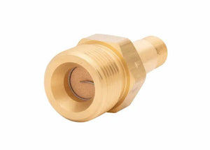 Harris 3/8" NPT RH Manifold Union Bushing 9005747 brass welding accessory with mesh filter, for gas tools, on white background.