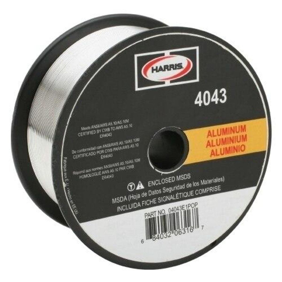 A 16 lb spool of Harris 4043 Aluminum MIG GMAW .035 Welding Wire (part no. 04043F6) comes on a black plastic reel with a black and orange label in English, Spanish, and French, featuring the Harris logo.