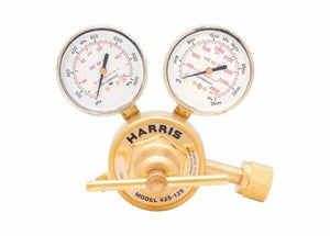 A brass single stage regulator with two pressure gauges, both displaying measurements in psi and kPa. The regulator is labeled HARRIS MODEL 425-125 and is ideal for use as an industrial or CO2 regulator.
