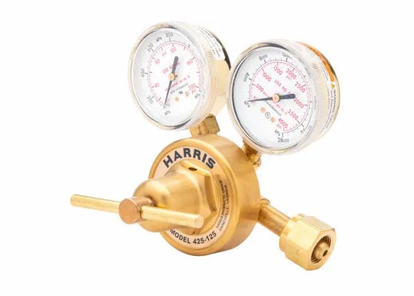 A single stage regulator, the Harris 425-125 features two round gauges and a control knob, making it ideal as a medical air regulator. Shown on a white background.