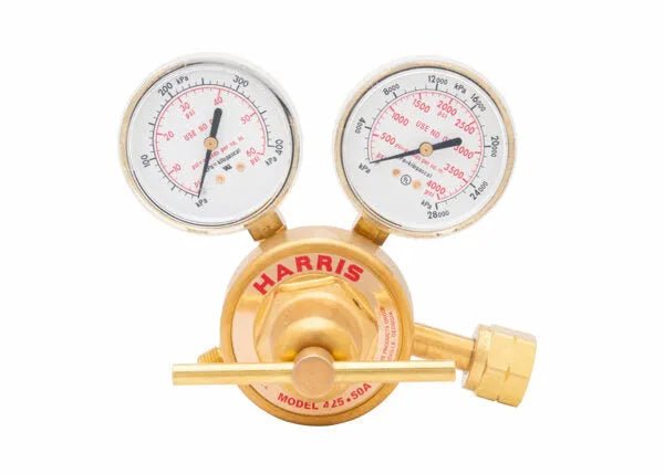 A brass Harris Single Stage Regulator with two round pressure gauges and a central adjustment knob. The gauges display pressure readings, and the regulator is labeled HARRIS MODEL 425-50A, ideal for industrial regulator applications.