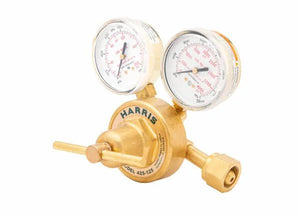 A single stage brass oxygen regulator with two pressure gauges, labeled HARRIS and MODEL 425-125, features a control knob and connector fitting—ideal as an industrial regulator—set against a white background.
