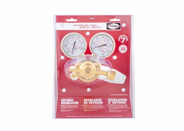 Harris 425-125-540 Single Stage Oxygen Regulator for welding, with dual gauges, brass valve, in bilingual red and white packaging.