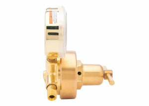 A brass single stage industrial gas regulator with a pressure gauge attached on top, viewed from the side. The cylindrical body features a small lever on the right, ideal for use as an Argon Helium Nitrogen Regulator.