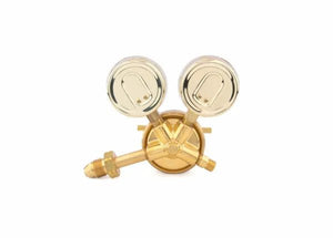 A single stage brass industrial regulator with two round pressure gauges and a single input/output valve, positioned against a plain white background.