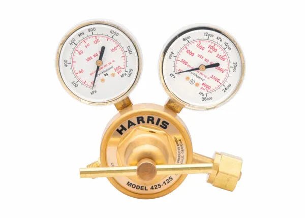 A brass Harris 425 single stage regulator with two round gauges displaying pressure readings and a labeled adjustment knob, model 425-125, against a white background.