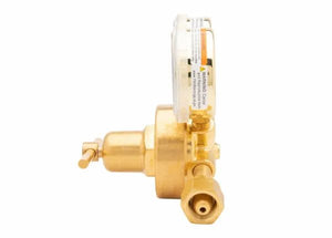 A Harris 425 single stage oxygen regulator with a pressure gauge attached, viewed from the side. The gauge is partially visible, and the oxygen regulator features a hexagonal fitting and adjustment knob.