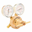 A brass industrial gas regulator, model 425-100, with two round pressure gauges in psi and kPa. This single stage regulator is suitable as an argon helium nitrogen regulator for precise pressure control.