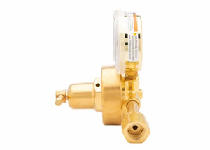 A single stage industrial gas regulator with a pressure gauge attached, seen from the side. The brass regulator has a cylindrical shape with a valve and connector fitting extending outward.