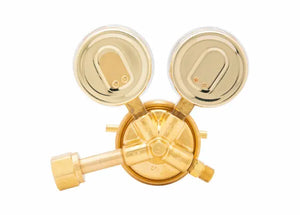 A brass single stage industrial gas regulator with dual gauges and a connector, suitable as an argon, helium, or nitrogen regulator, is shown against a white background.