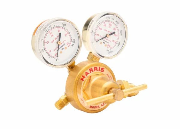 Harris 425-50-510P Single Stage Brass Propane Regulator with dual gauges, knob—welding tool for industrial gas control.