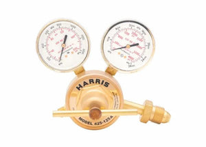 Harris 425-50-580 argon/helium/nitrogen welding regulator with dual pressure gauges and control knob for industrial use.