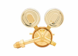 Harris 425-50-580 Single-Stage Argon/Helium/Nitrogen Regulator with dual gauges for welding, WeldingMart, on white background.