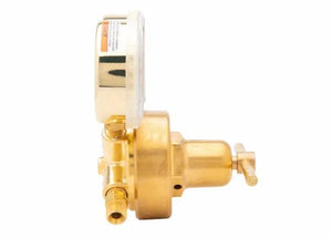 Side view of a brass industrial gas regulator valve with a pressure gauge attached, isolated on a white background.