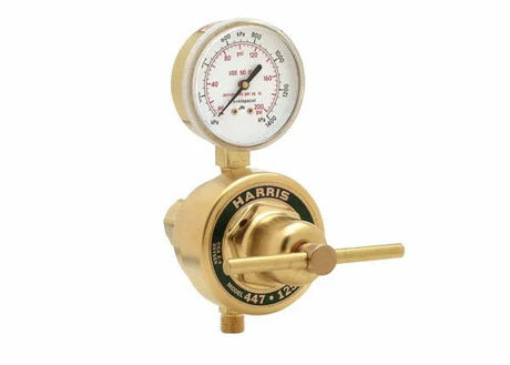 Harris 447-50-1/4" Single Stage Oxygen Regulator for welding, brass body, 200 PSI gauge, "Use No Oil" marking, easy adjust handle.