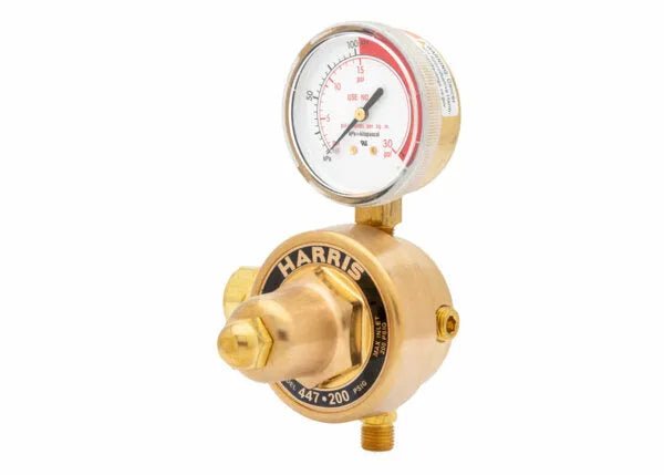 Harris 447NC-200-1/4" welding gas regulator with brass body, 447-200 PSI gauge, 1/4" NPT inlet for pipeline applications.