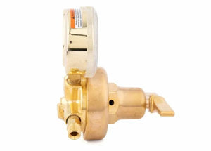 Harris 450-125-540 Single Stage Oxygen Regulator for welding, brass body, gauge, valve, nozzle on white | WeldingMart.