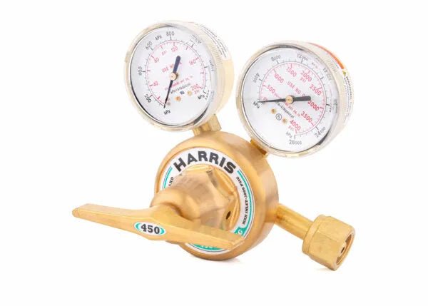Harris 450-125-540 Oxygen Regulator, stainless steel, dual gauges, for precise gas control in welding equipment and tools.