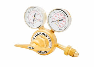 Harris 3002498 single-stage welding regulator, dual gauges, stainless diaphragm, for argon, helium, nitrogen cylinders.