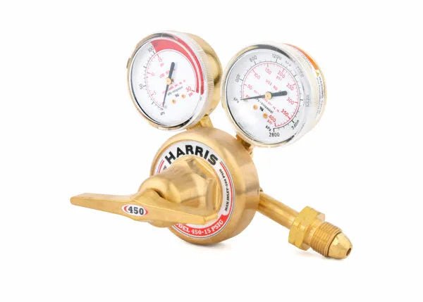Harris 450-15-300 Single Stage Acetylene Regulator for welding with stainless diaphragm, dual gauges, and large handle.