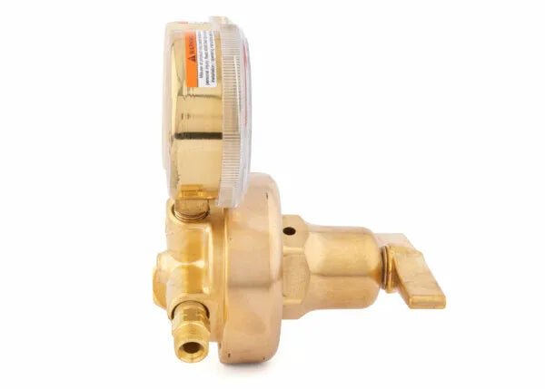 Harris 450-15-300 Single Stage Acetylene Regulator for welding, side view with gauge and lever, stainless steel, on white.