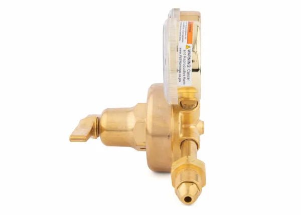 Harris 450-15-300 Single Stage Acetylene Regulator for welding, brass body, gauge up, nozzle right, on white background.