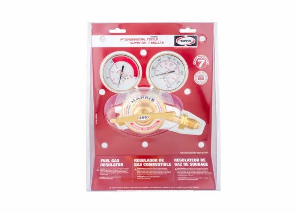 Harris 450-15-300 acetylene regulator for welding, stainless steel, two gauges, brass connector, in clear case, WeldingMart.