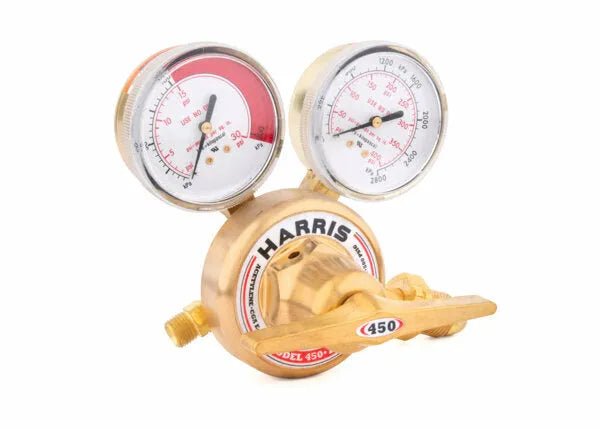 Harris 450-15-510 acetylene regulator for welding, with dual gauges, labeled knob, and stainless steel diaphragm (3002494).