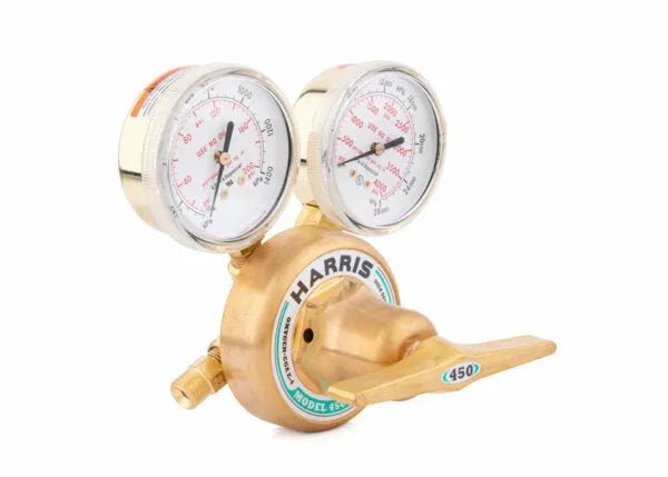 Harris 450-200-540 Single Stage Oxygen Regulator for welding, with dual gauges and stainless diaphragm—3002499.