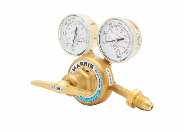 Harris 450-50-510P stainless single stage LPG regulator with gauges, control valve, and threaded connector for welding equipment.