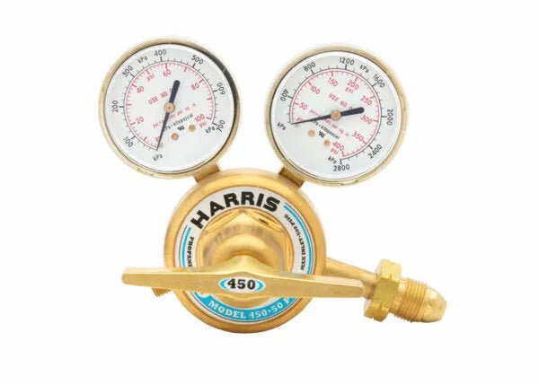 Harris 450-50-510P stainless propane regulator for welding, dual gauges, precise flow control, model 3002495, WeldingMart.