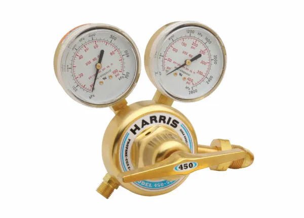 Harris 450-50-510P propane/LPG welding regulator, single stage with gauges, stainless steel diaphragm, flow control knob.