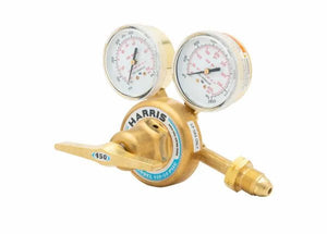 Harris 450-50-510P propane/LPG welding regulator with dual gauges, stainless steel, control lever for precise gas flow.