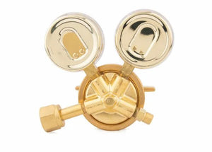 Harris 450-50-540 stainless steel oxygen regulator for welding, with dual gauges and 3 hose ports, on white background.