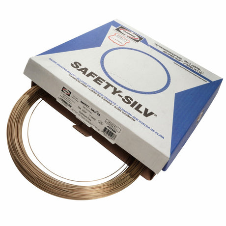 A box labeled Harris 45250H - Safety-Silv 45 high silver brazing alloy (3/64 in., 50 toz. coil) shows a partially pulled-out wire and white-blue packaging with cadmium-free filler metal info on the front.