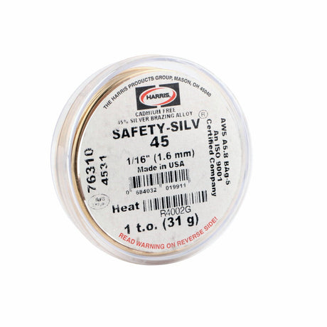 A close-up of a spool labeled Harris 45336L Safety-Silv 45, a cadmium-free high silver brazing alloy, 1/16 in. (1.6 mm), 36 in. per piece, from a 50 troy oz box, with product details visible on the label.