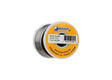 A spool of Harris 50R61 50/50 leaded rosin core solder (1/8 in, 1 lb) with a yellow and white label displaying the Johnson logo, product specs, and barcode. The partially unwound spool reveals metallic solder wire.