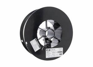 A large black spool with a metallic core holds Harris 5356 Aluminum MIG GMAW Welding Wire, 3/64, 16lb (0535627). Two white labels with text and barcodes are on the side, set against a plain white background.