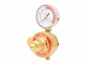 Harris 547-50-CL Single Stage Fuel Gas Regulator for welding, brass body, red-accented gauge, front knob, high flow.