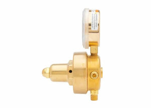 Harris 547-50-CL Single Stage Fuel Gas Regulator for welding, brass body, top gauge, side view on white—WeldingMart tool.