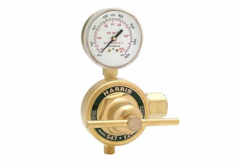 Harris 547-50-CR single stage brass oxygen regulator for welding, with psi/kPa gauge, control knob, and high-flow connections.